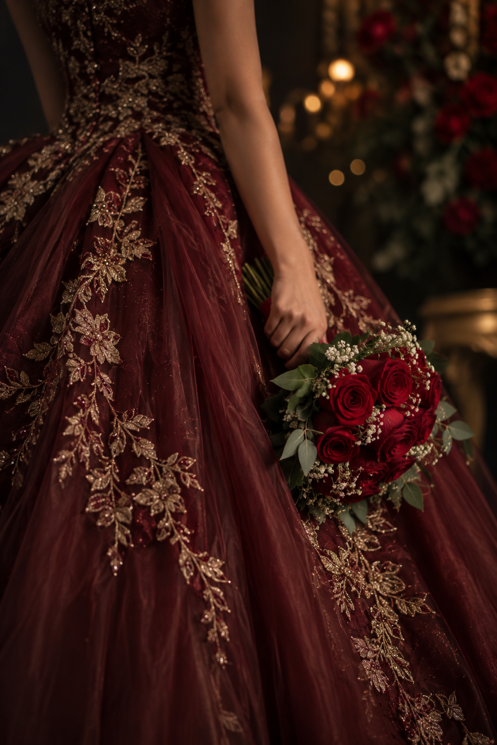 Detalle demostrativo del vestido y ramo