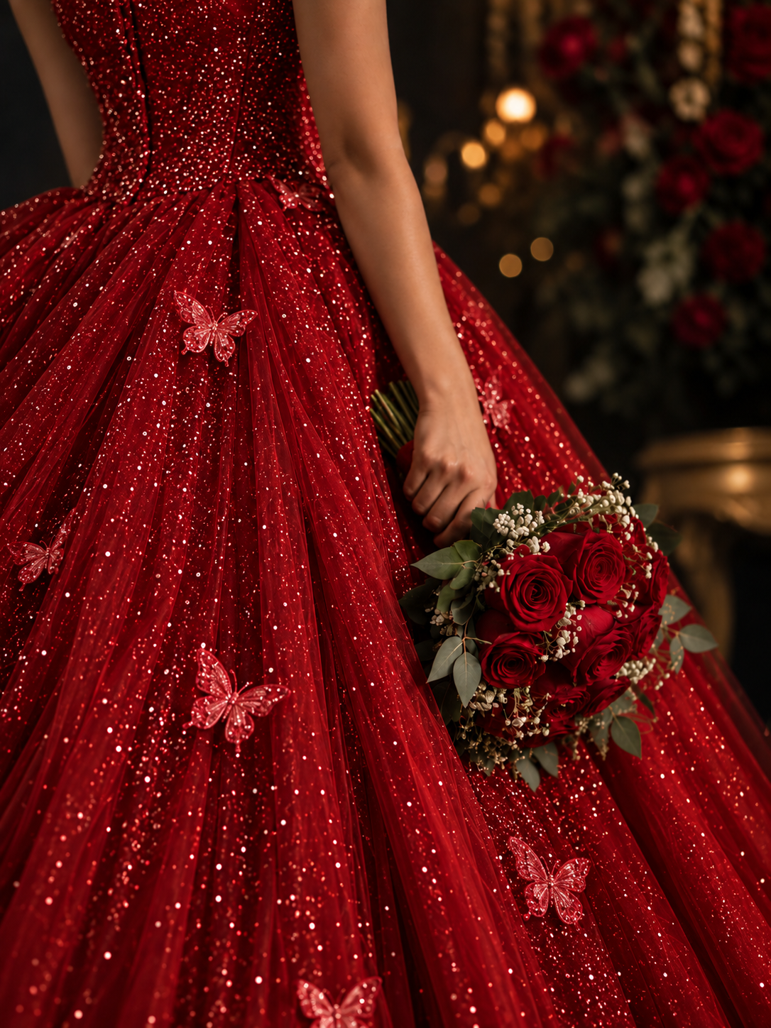 Detalle del vestido rojo rubí y el ramo