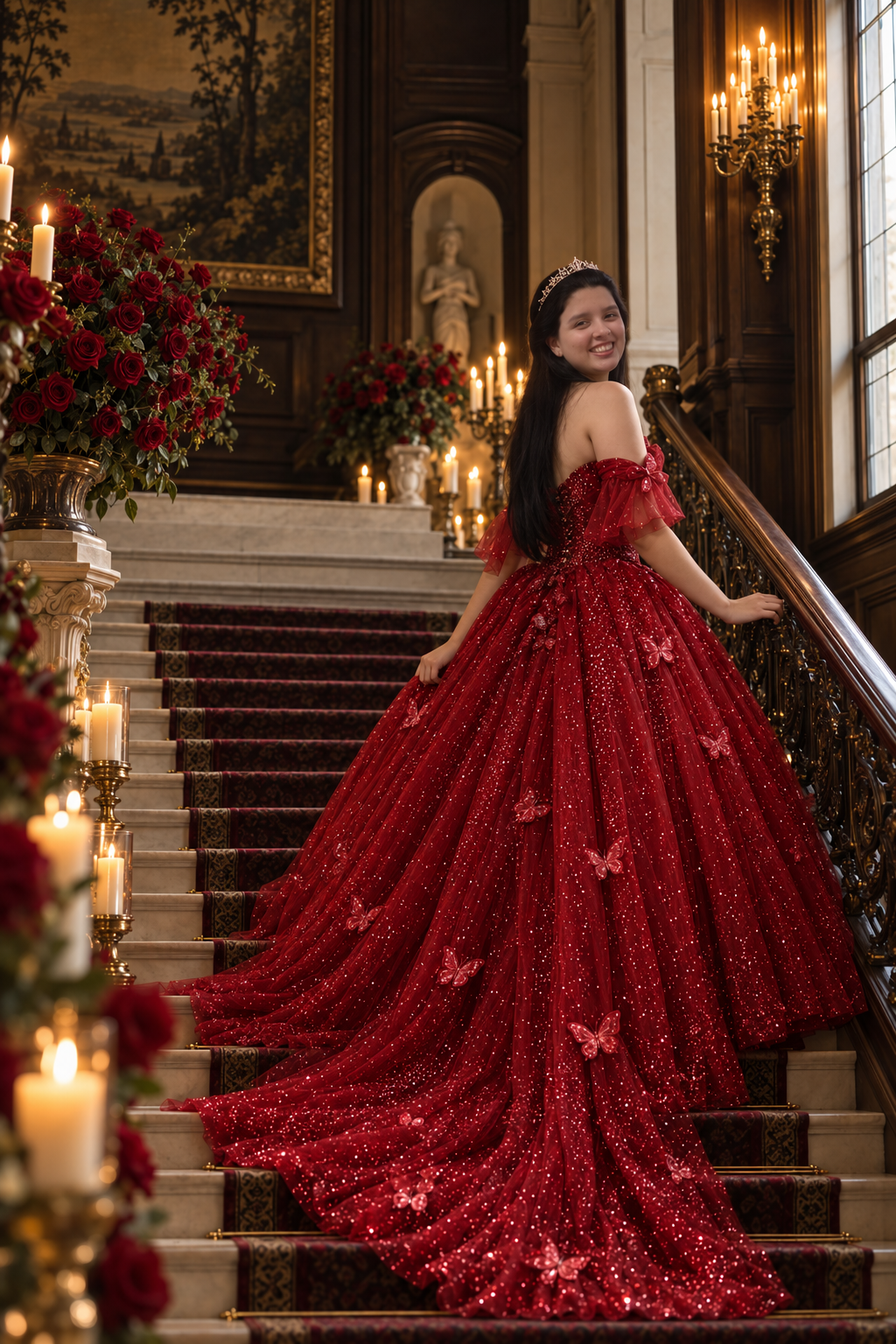 Kiara con vestido rojo rubí en una escalera