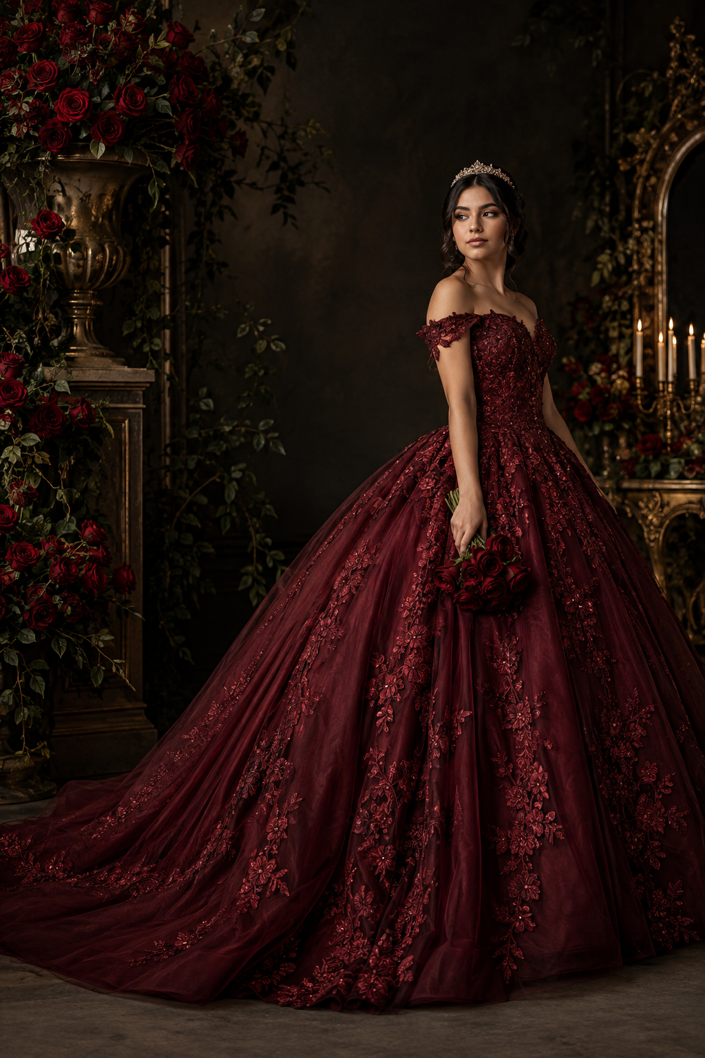 Imagen demostrativa de una quinceañera con vestido borgoña