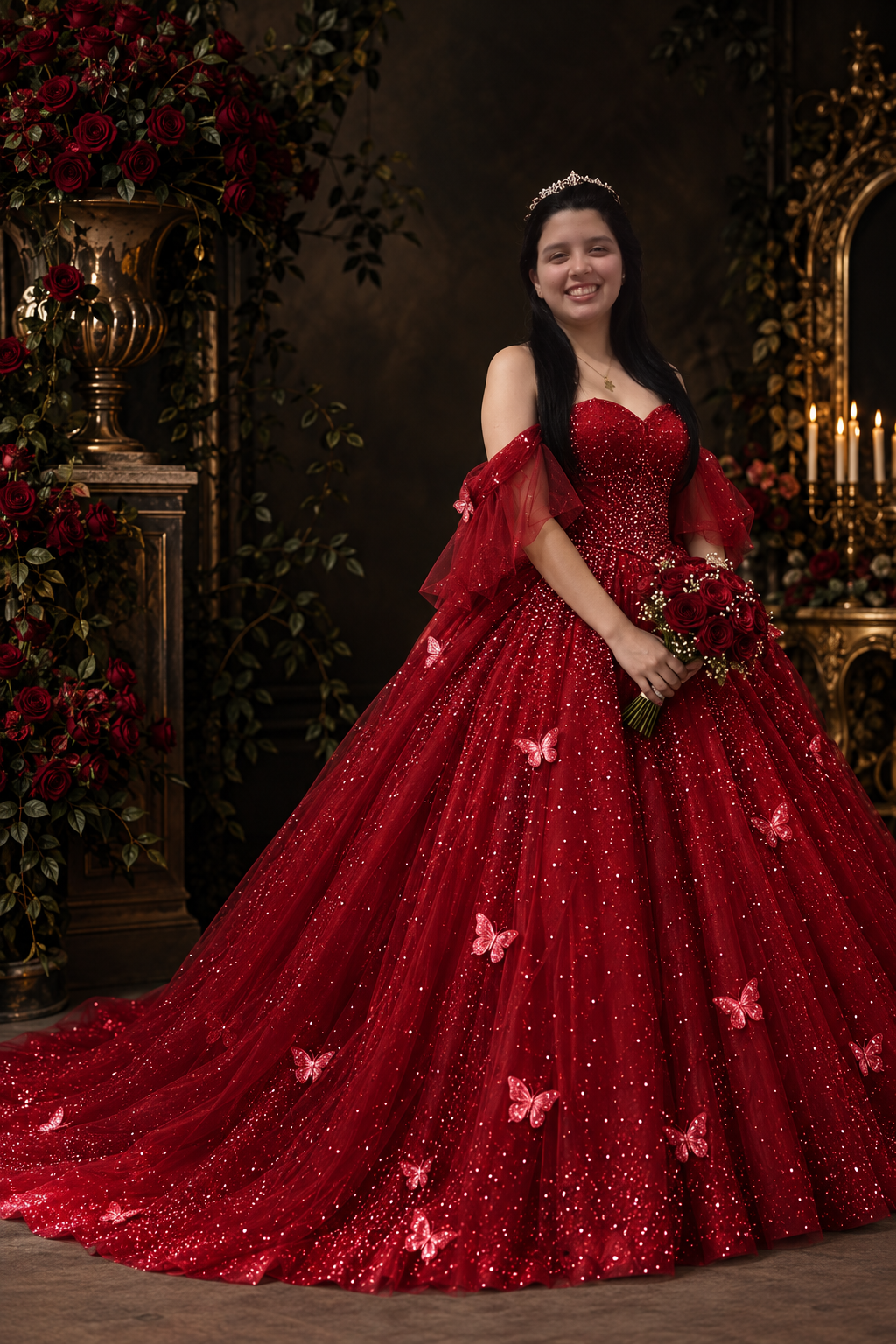 Kiara con vestido rojo rubí brillante